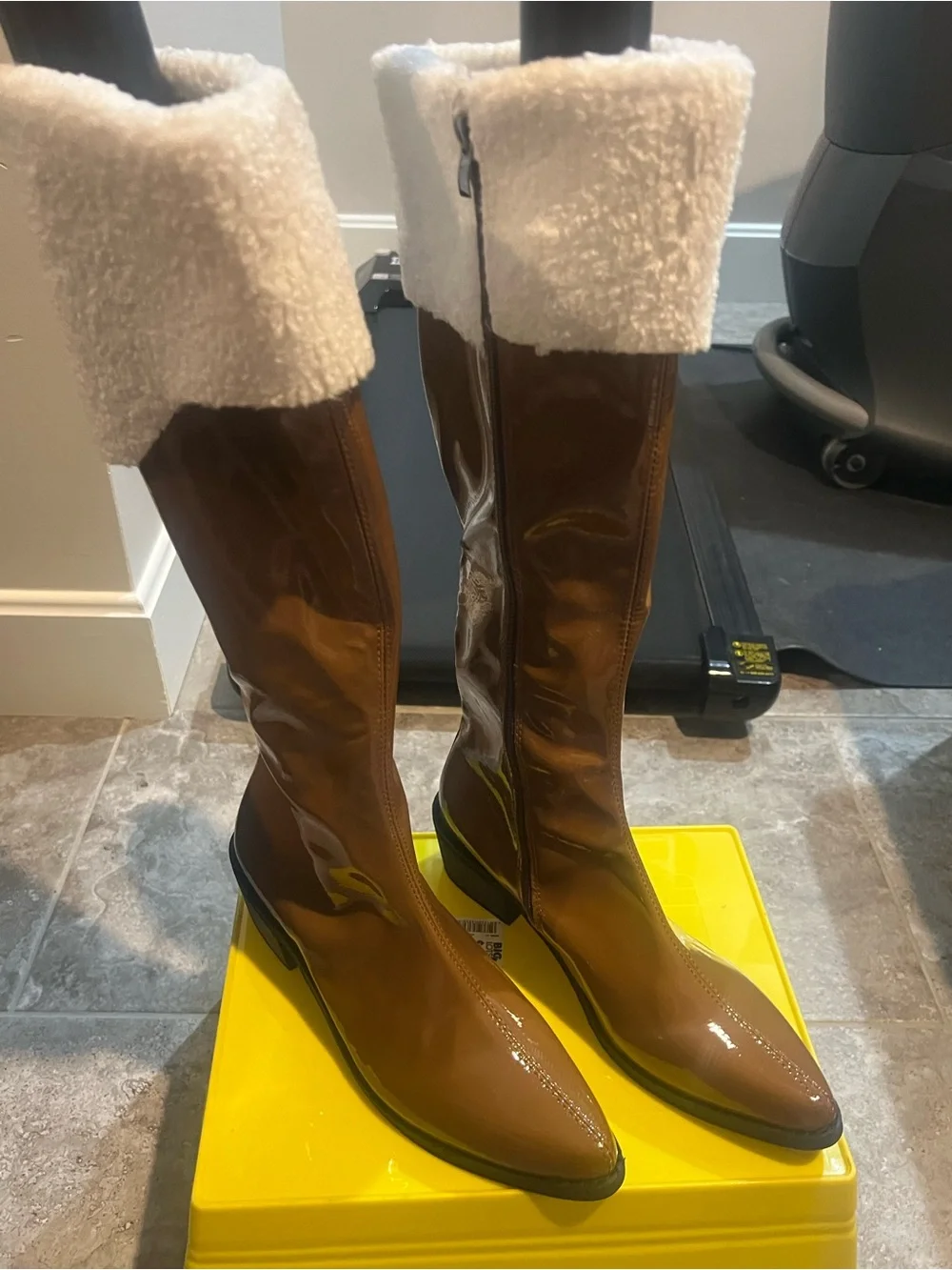 Brown Patent Knee-High Boots with White Faux Shearling Cuff